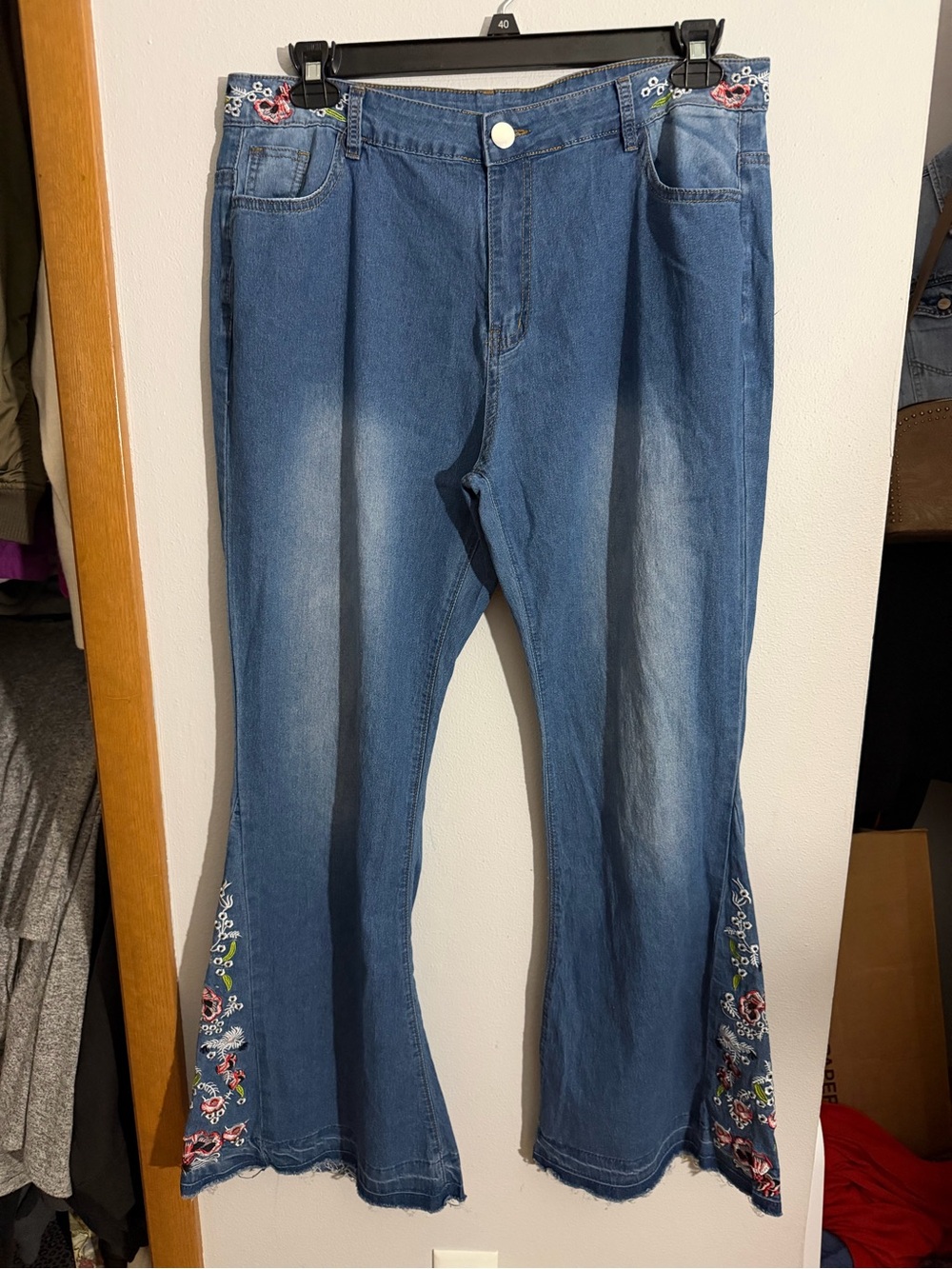 Blue Embroidered Flare Jeans